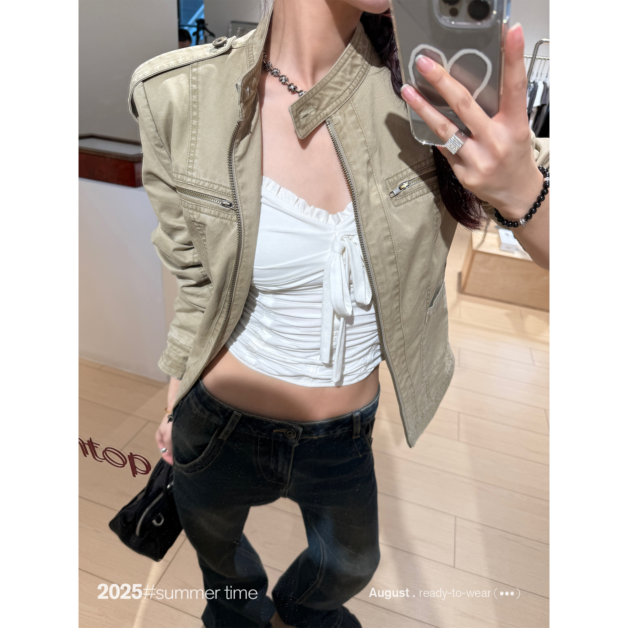 SUNONEONE 立领做旧美式复古牛仔外套女早秋正肩夹克上衣H1287W