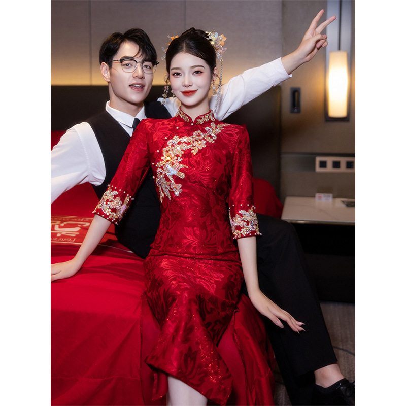 礼服裙重工长袖结婚秋冬回门便装当天中式敬酒服旗袍新娘红色订婚