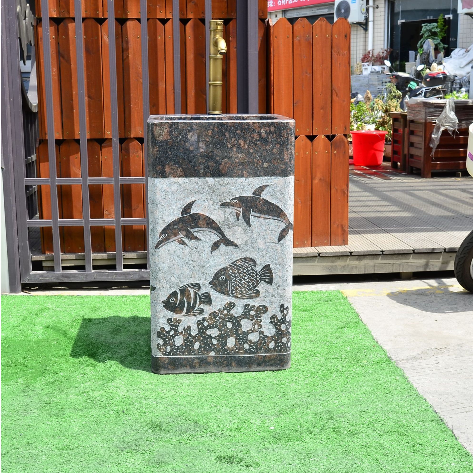 精品天然花岗岩英国棕红棕整体海豚洗手盆户外庭院家用别墅一体盆
