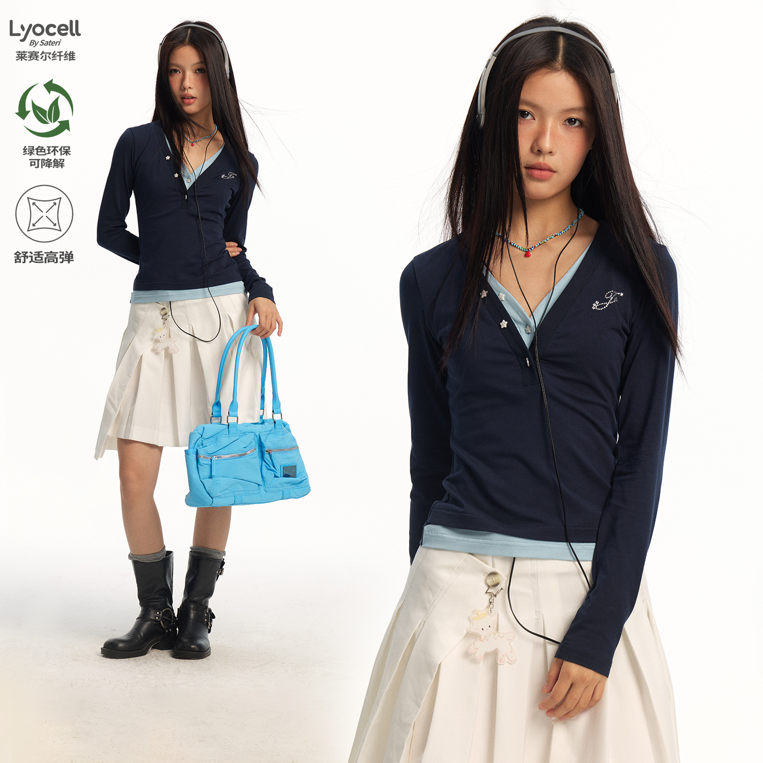 江南先生NewJNXS字母烫钻V领假两件长袖T恤春星星纽扣修身上衣女