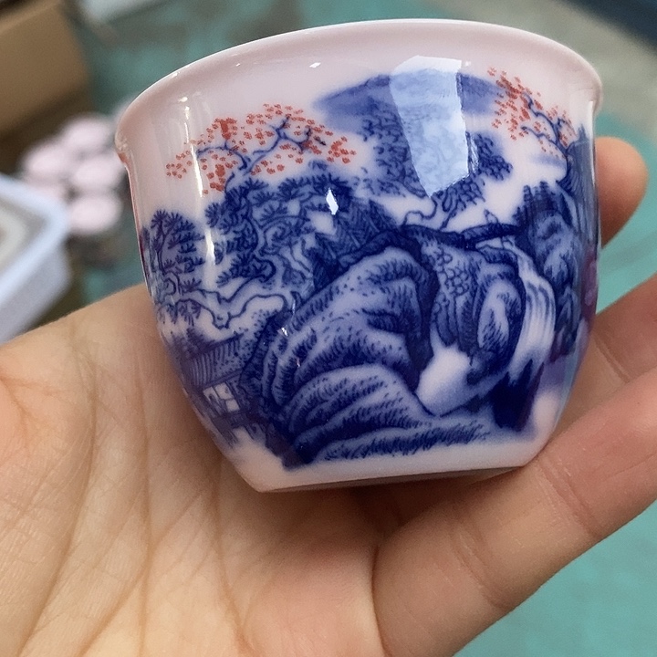 摆件陶红稀土青花釉里红山水缸杯