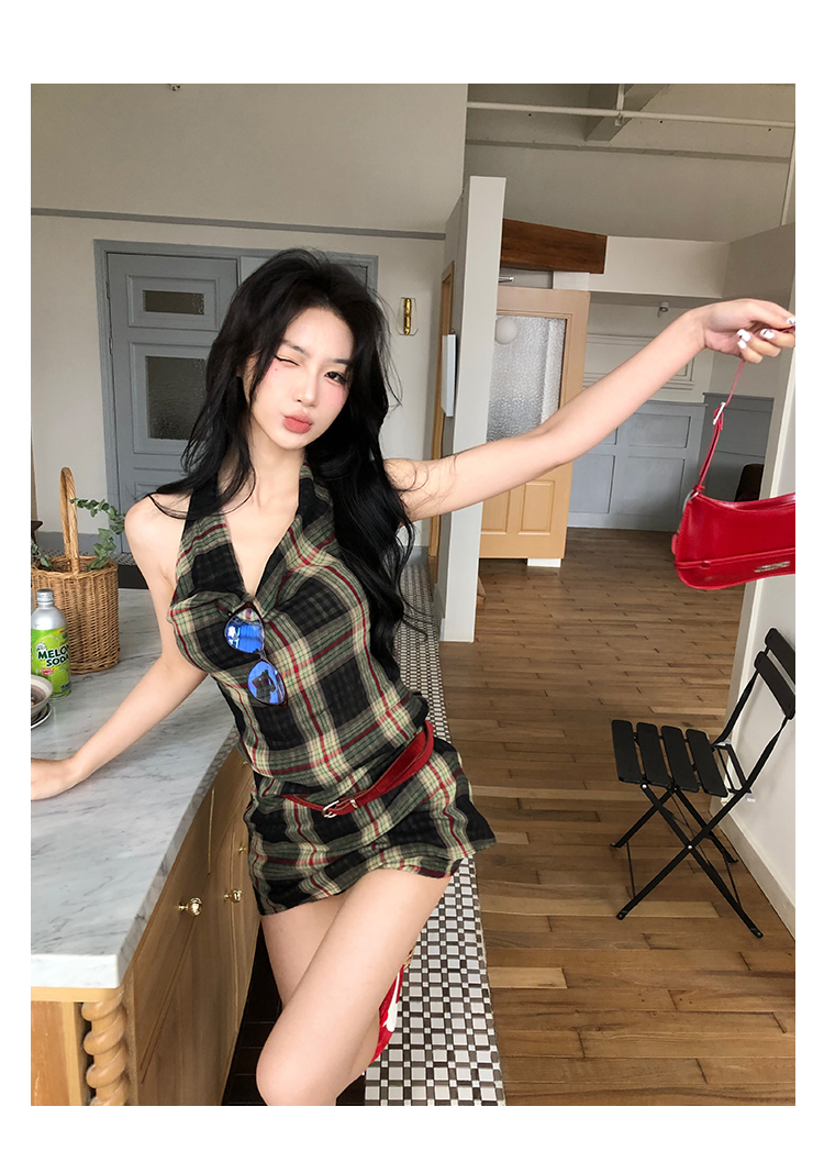 原创设计多色格纹印花荡领裙纯欲风辣妹风街头风正反两穿慵懒风