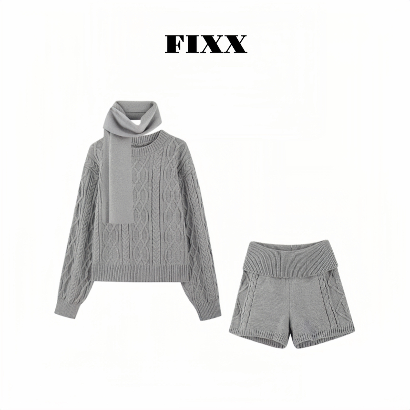 FIXX里里 一整套巨好看的小香风麻花毛衣针织短裤围脖 气质慵懒感