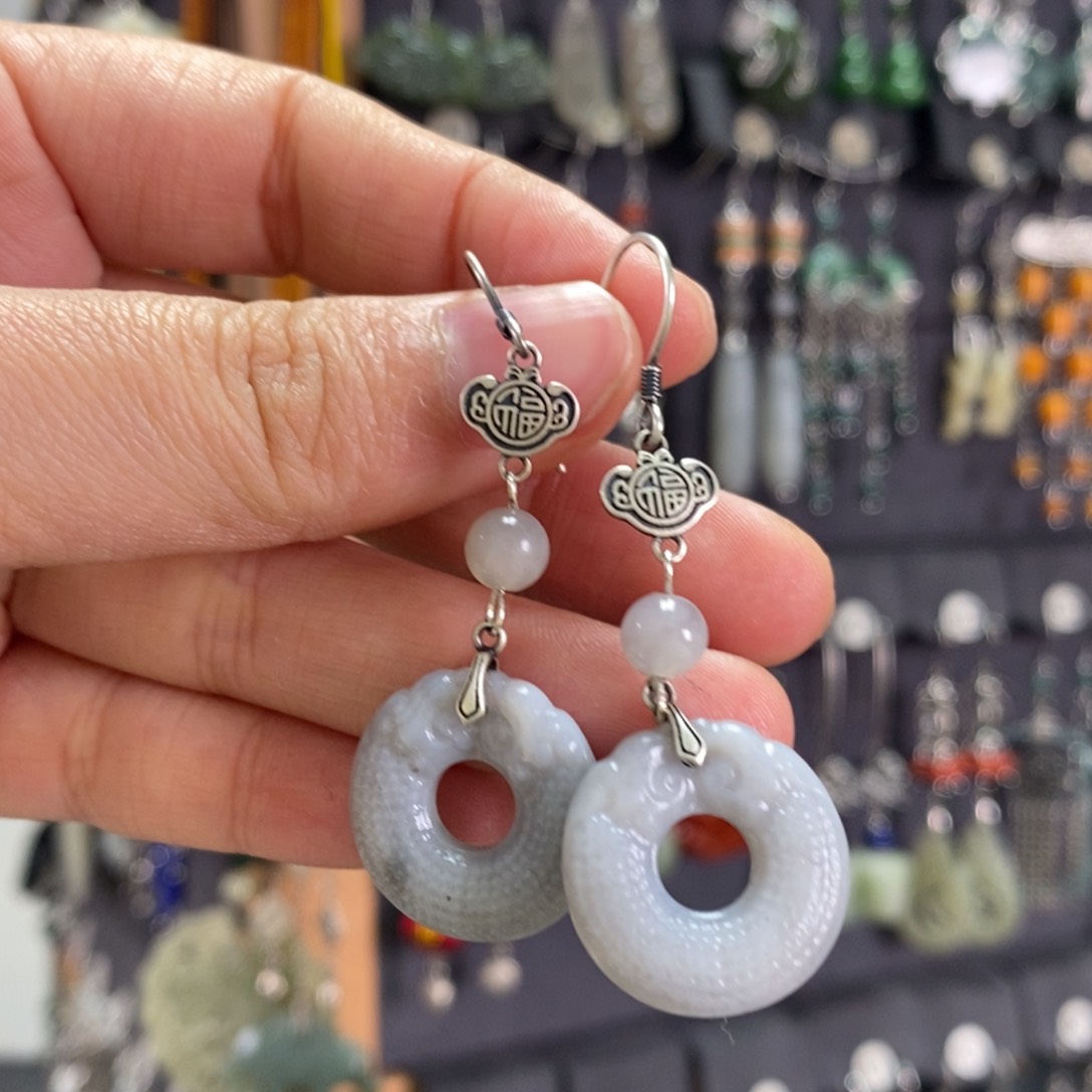 和田玉耳饰银S925镶嵌