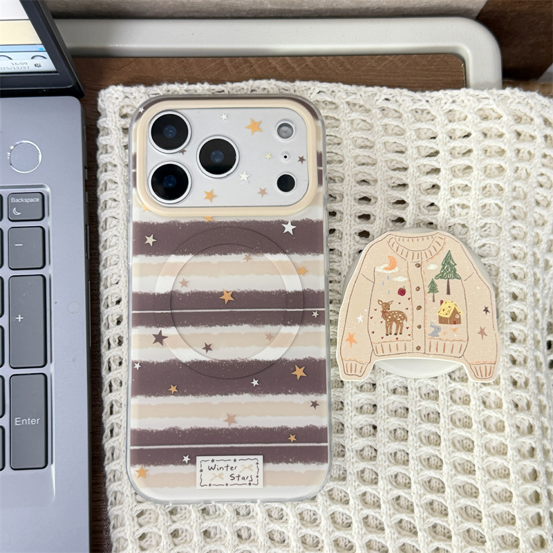 秋冬棕色星星条纹毛衣+支架适用16promax手机壳iPhone17苹果15/14
