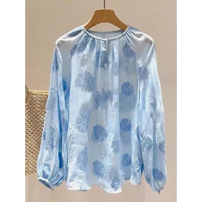 M3151别致刺绣衬花朵衫女清爽舒适苎麻上衣