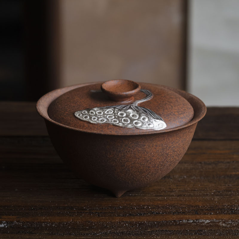 【老王】灰念老岩泥莲蓬盖碗-110cc 口径10cm（Q2321）