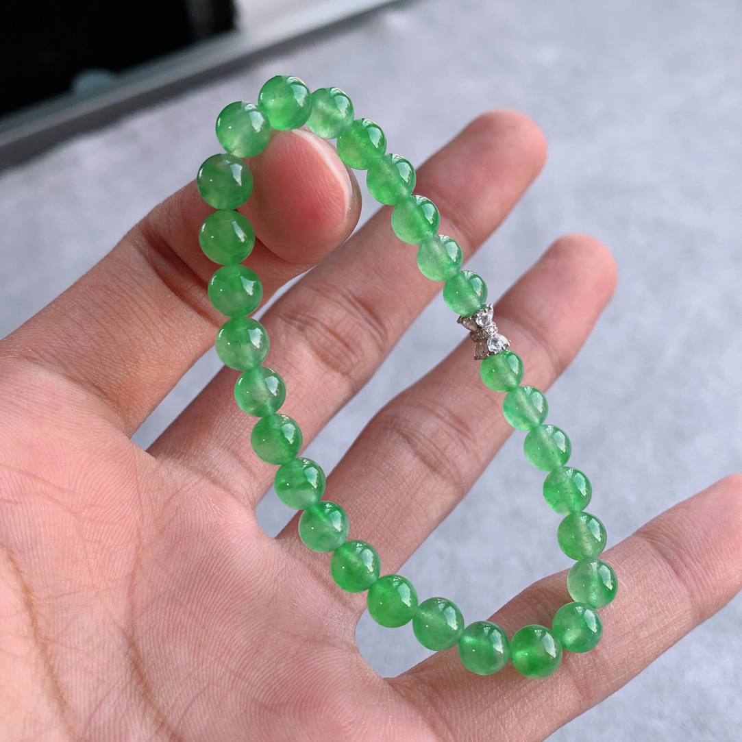 甜色系带绿花至尊木那玻璃起杠光收藏行家货缅甸天然翡翠A货手串