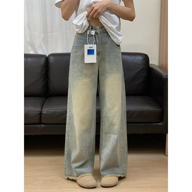 300斤大码美式复古做旧牛仔裤女胖mm宽松显瘦梨形身材毛边阔腿裤