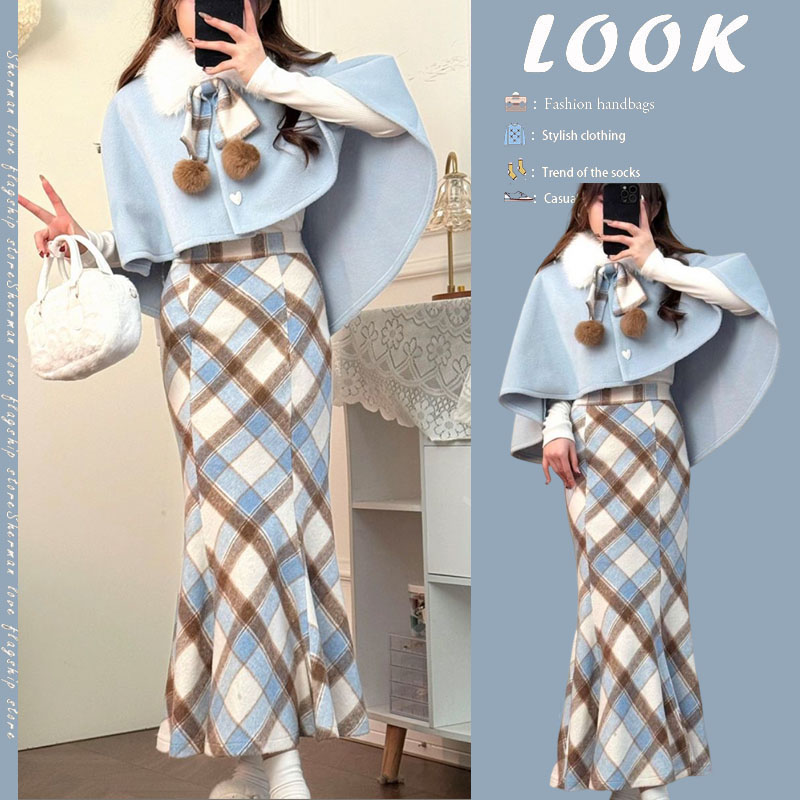 今年流行一整套女2024秋冬新款甜美披肩外套格纹鱼尾半身裙两件套