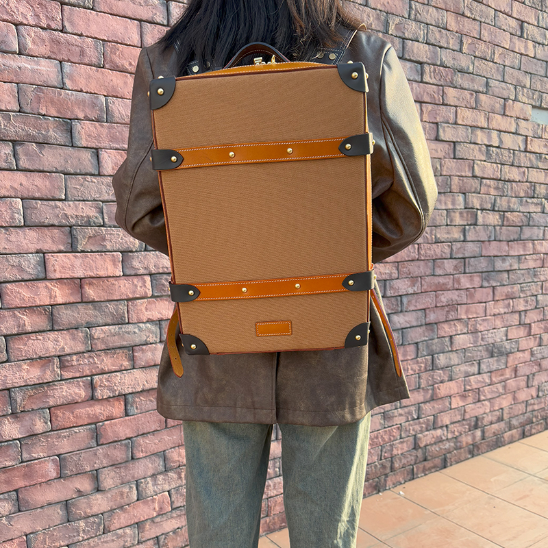 手工皮包棕色牛皮双肩包时尚百搭潮流手提包真皮大号休闲轻奢