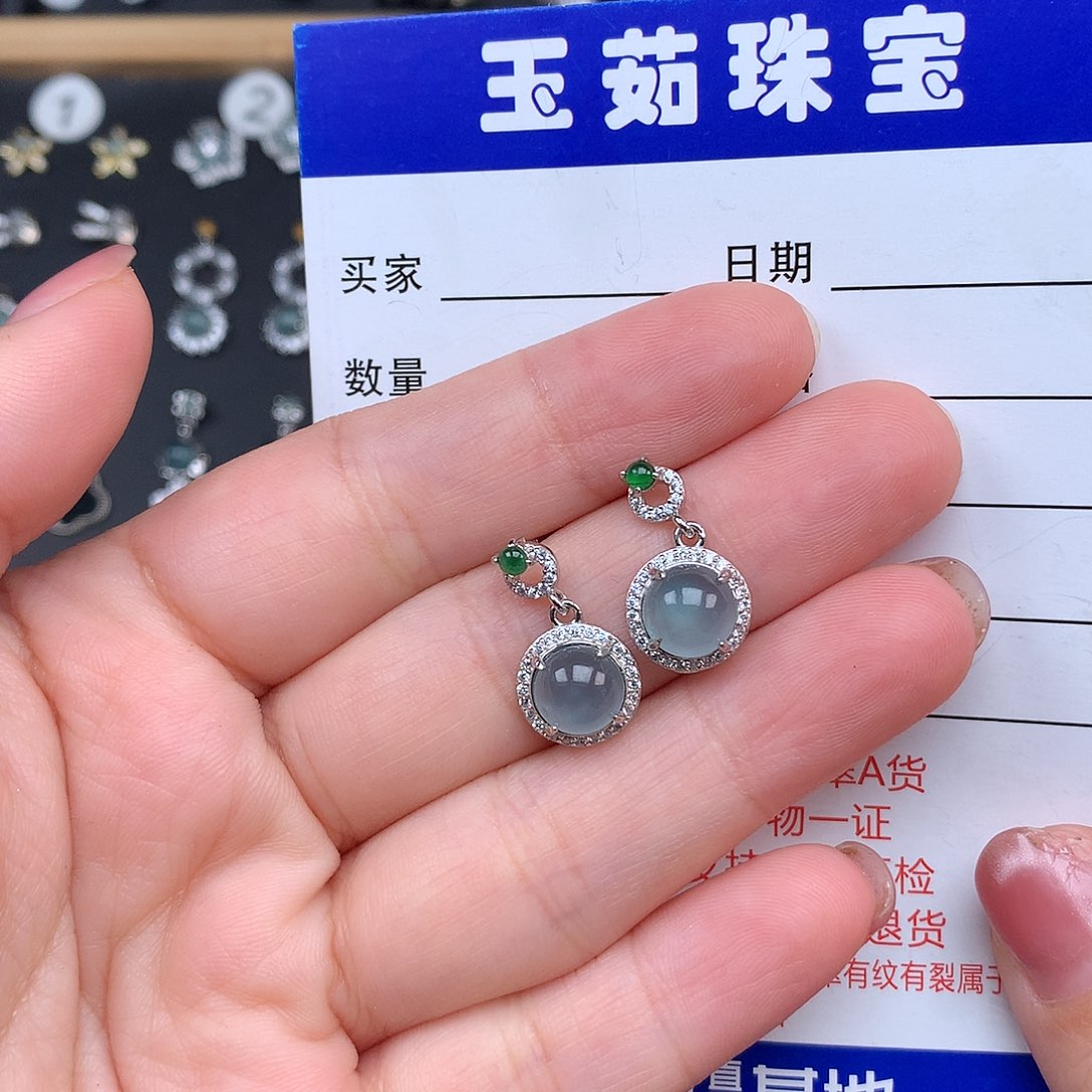 翡翠耳饰银S925镶嵌蓓*懒