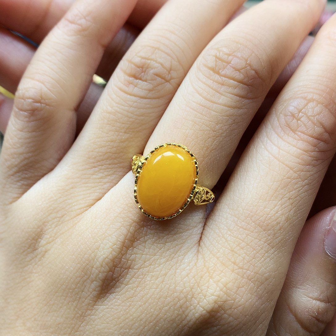 蜜蜡戒指银S925镶嵌戒指