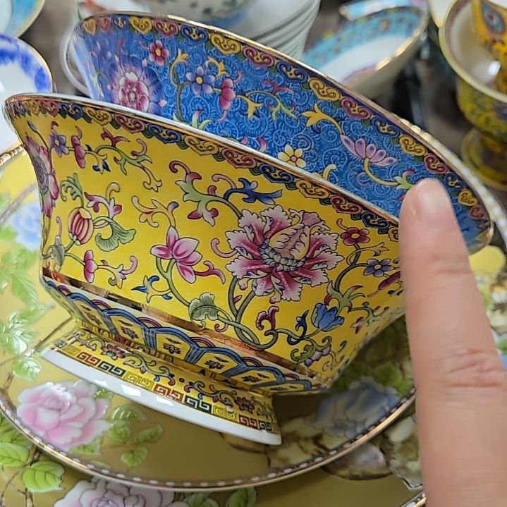 瓷片瑕疵断金珐琅彩6寸2个金标面碗666