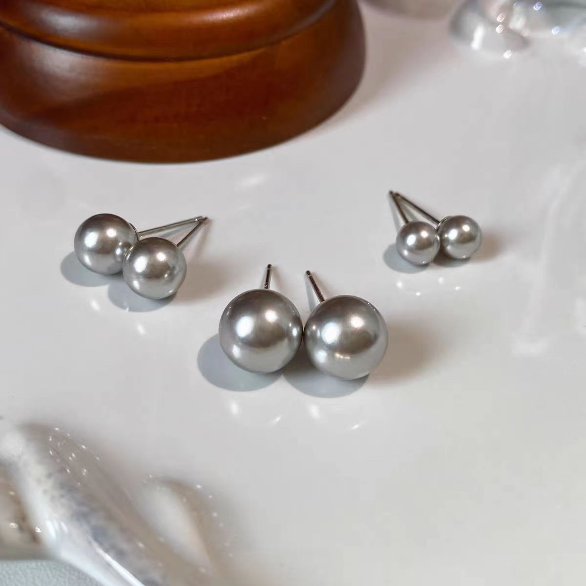 925银耳饰 10MM空姐素珠耳钉 黄 灰 紫 简约 耳饰 经典 气质