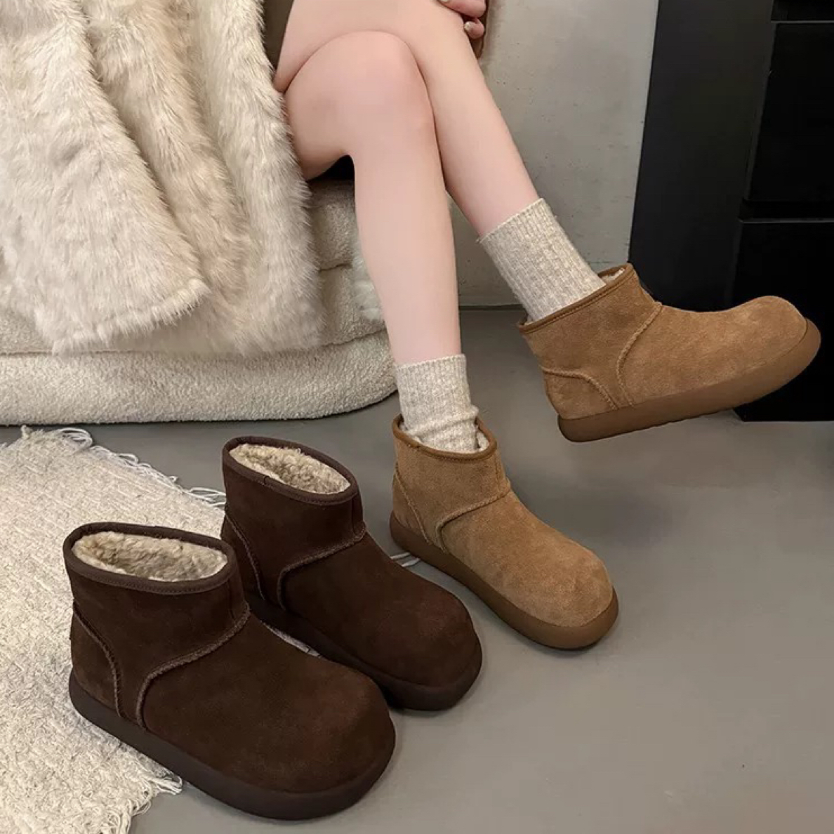 小土豆磨砂牛皮加绒保暖雪地靴女2025冬季新款3公分内增高 8017