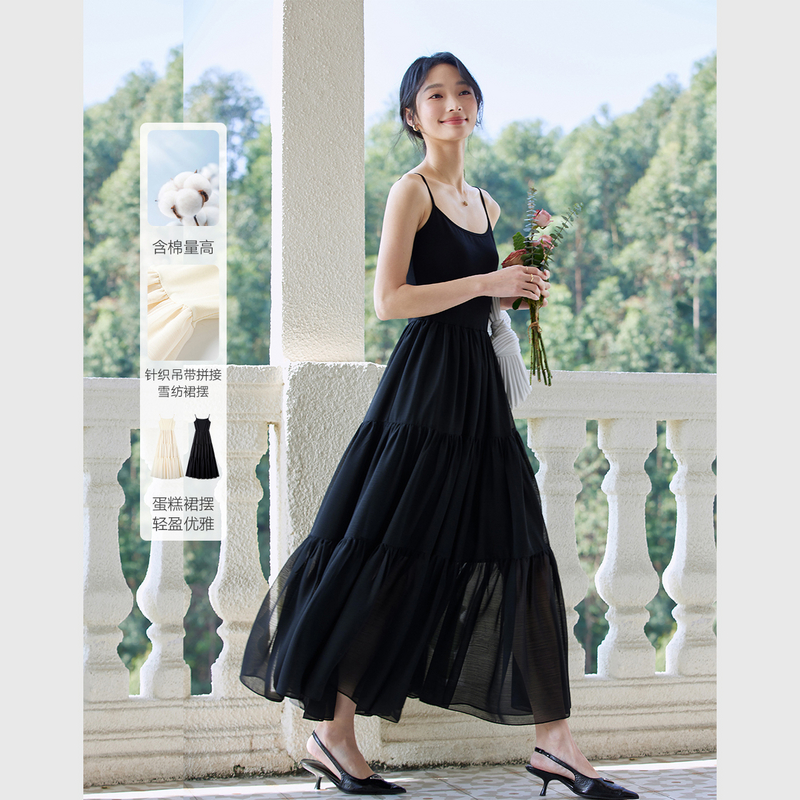 F*优雅淑女黑色吊带连衣裙女辛苦时尚百搭收腰长裙A0983