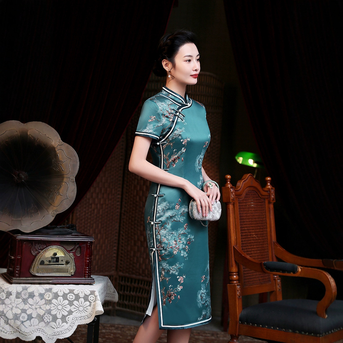 无弹力 L005蓝色钻石丝旗袍夏短袖日常中国风连衣裙宴会中长款
