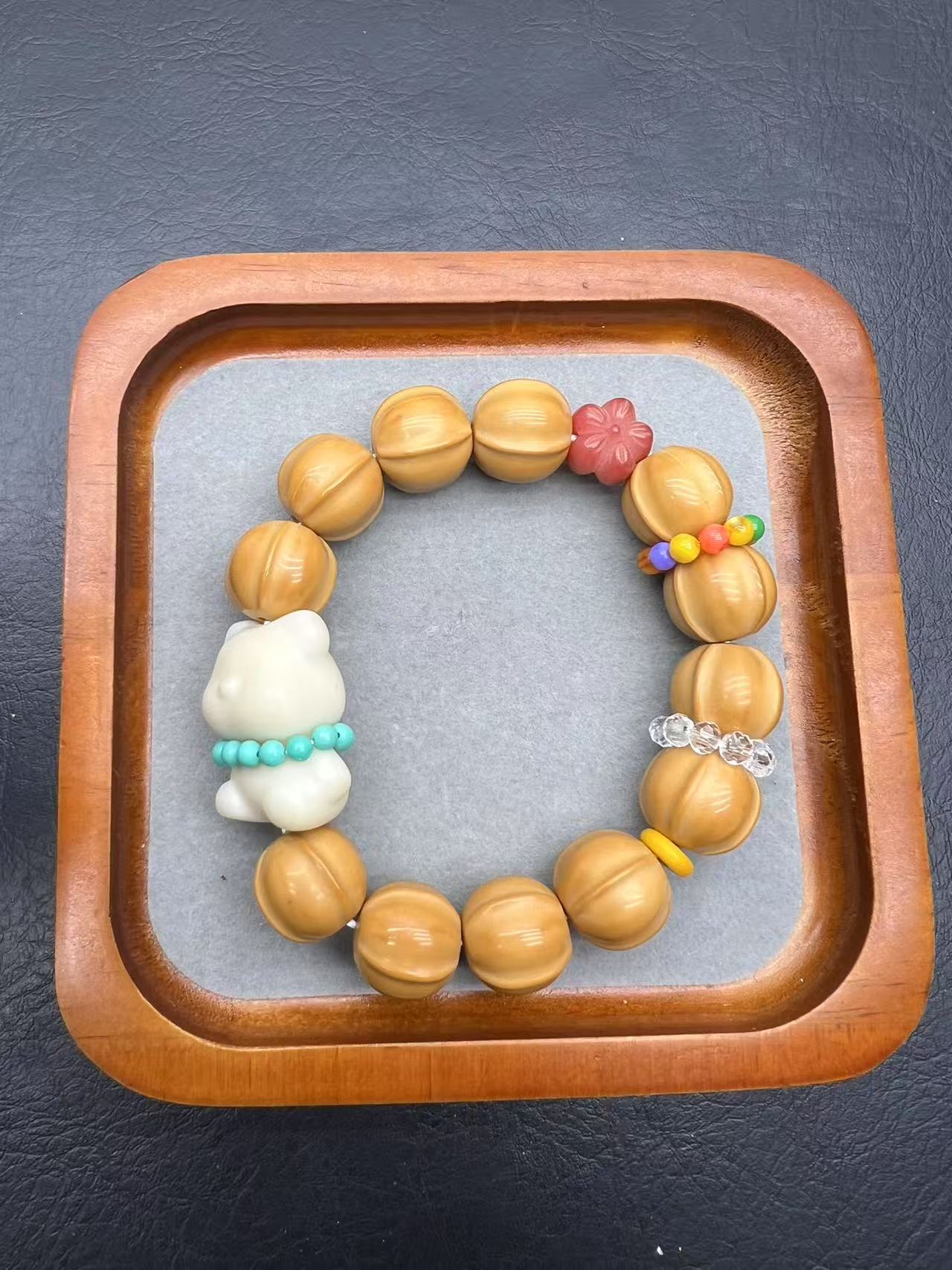 非金属木质手链 原创猴头鲨鱼脊晶晶跑环粉色菩菩小花单圈手环