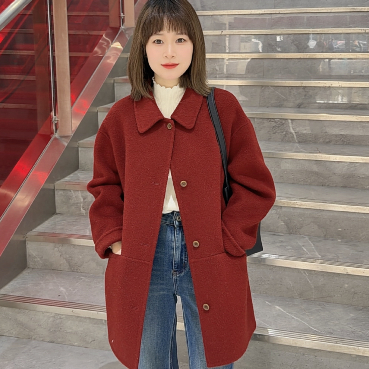 【可爱多】双面呢时尚韩系手工羊毛大衣大方中长款外套百搭