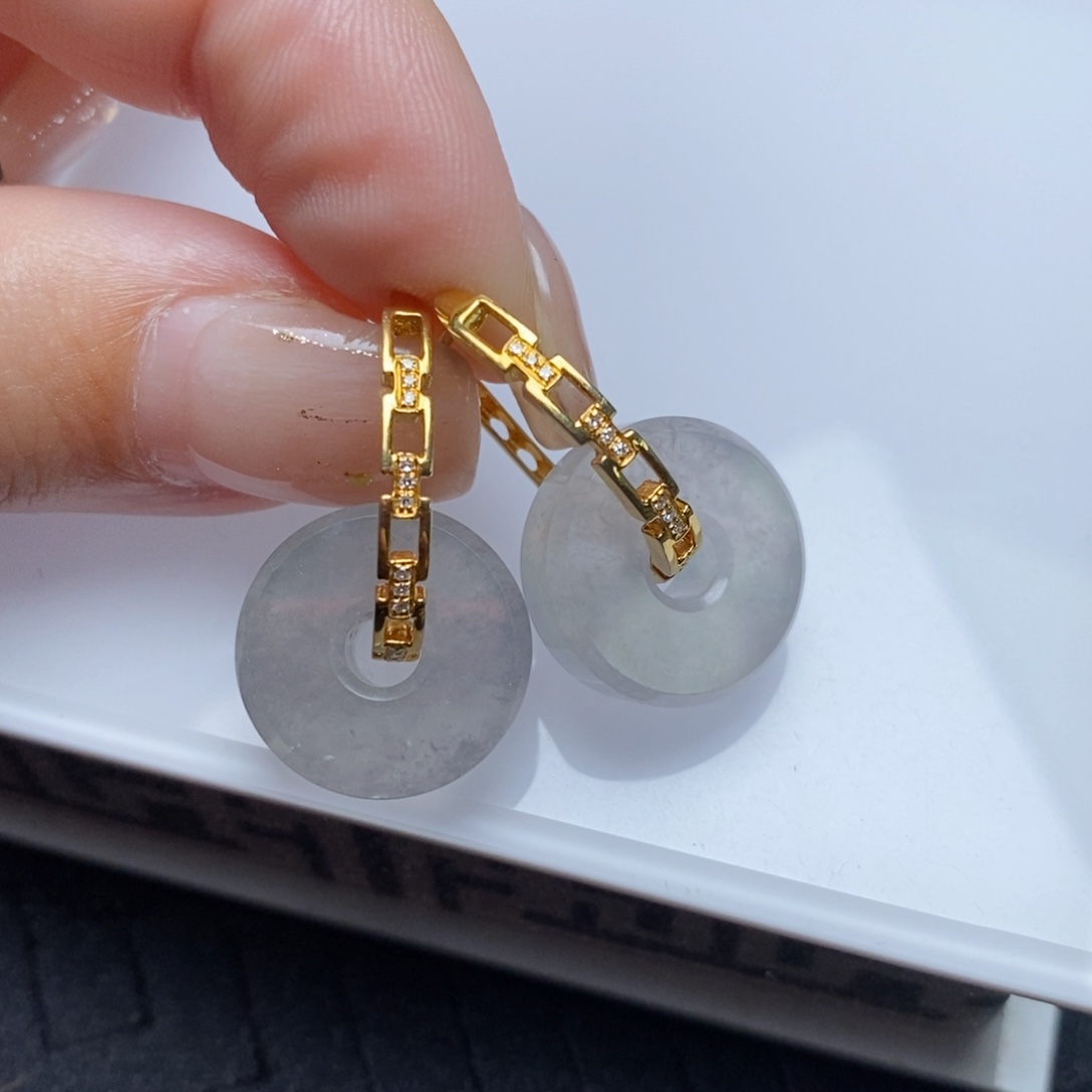 翡翠18K金镶嵌耳饰黑冰路路通