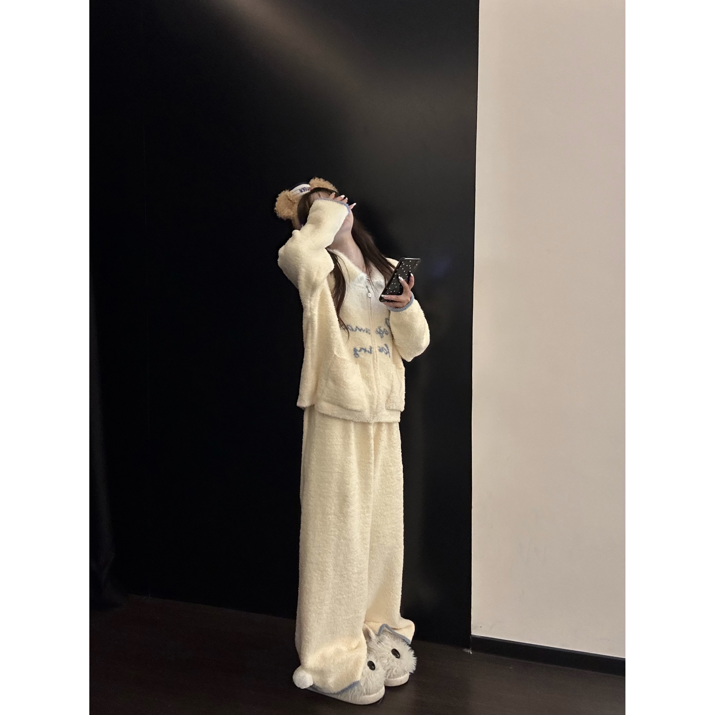 甜美软糯字母针织半边绒睡衣女秋冬新款加厚保暖家居服套装可外穿