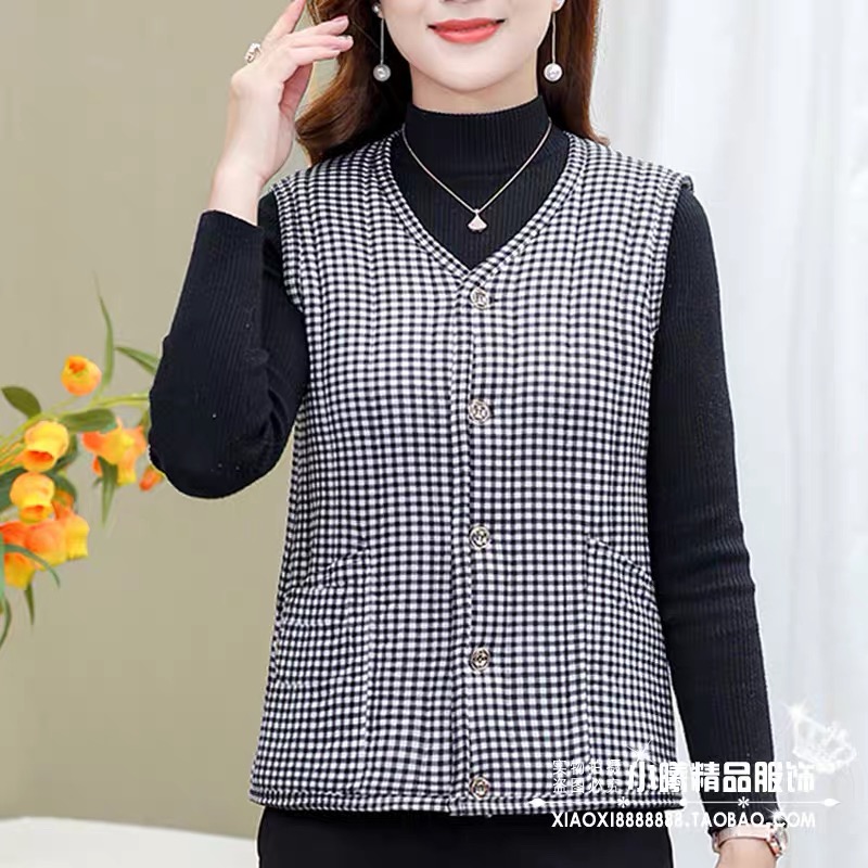 免烫提花马夹中老年妈妈格子马甲无袖加厚外穿大码