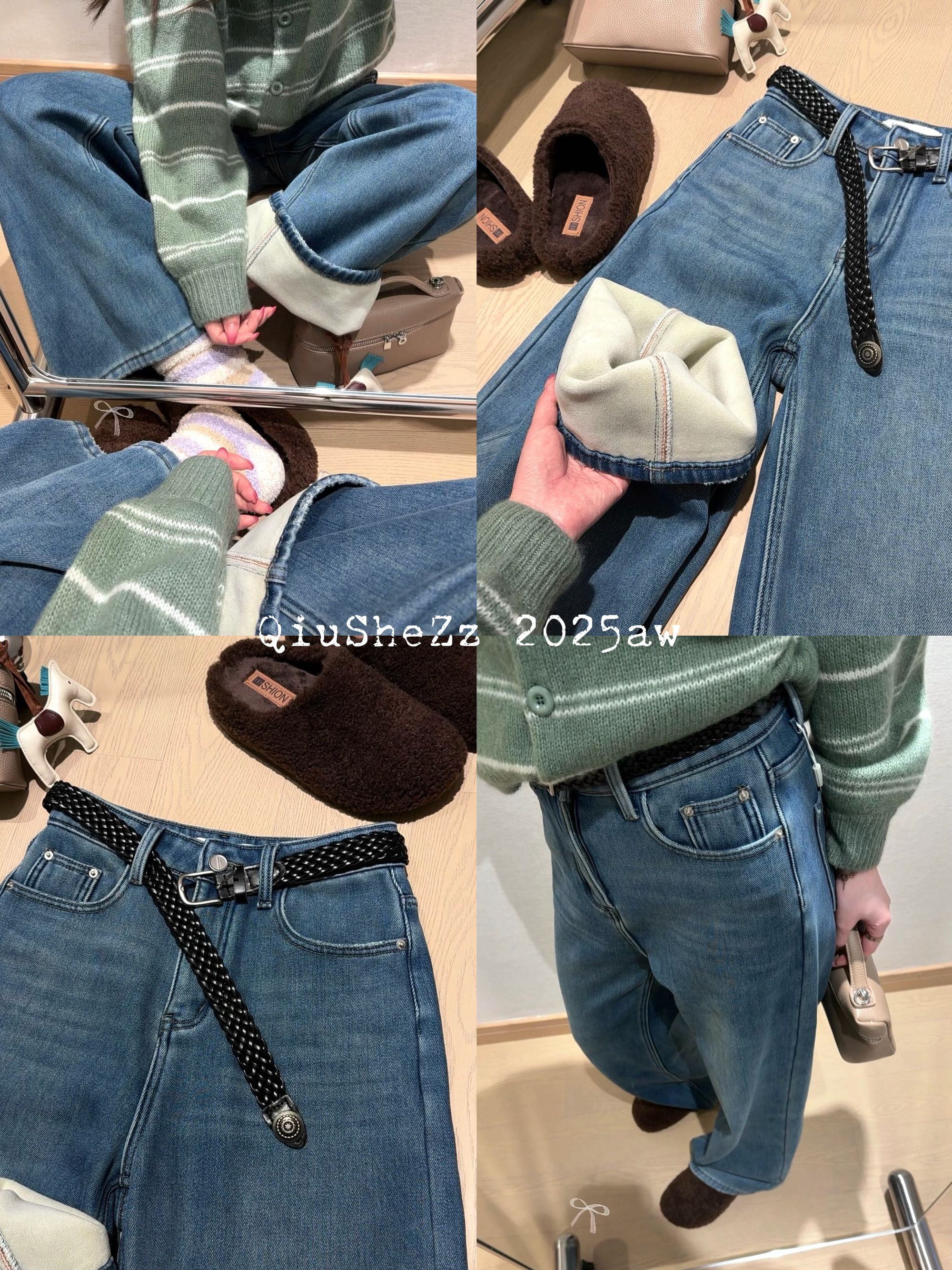 湫社长 直筒阔腿【超模复古】重磅暖绒 复古水洗蓝阔腿牛仔裤