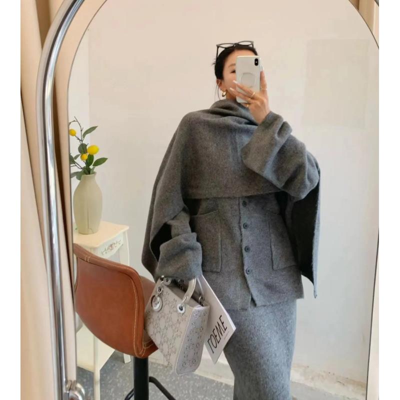 高级感时尚气质开衫毛衣+高腰半身裙+加大围巾披肩毛衣套装三件套
