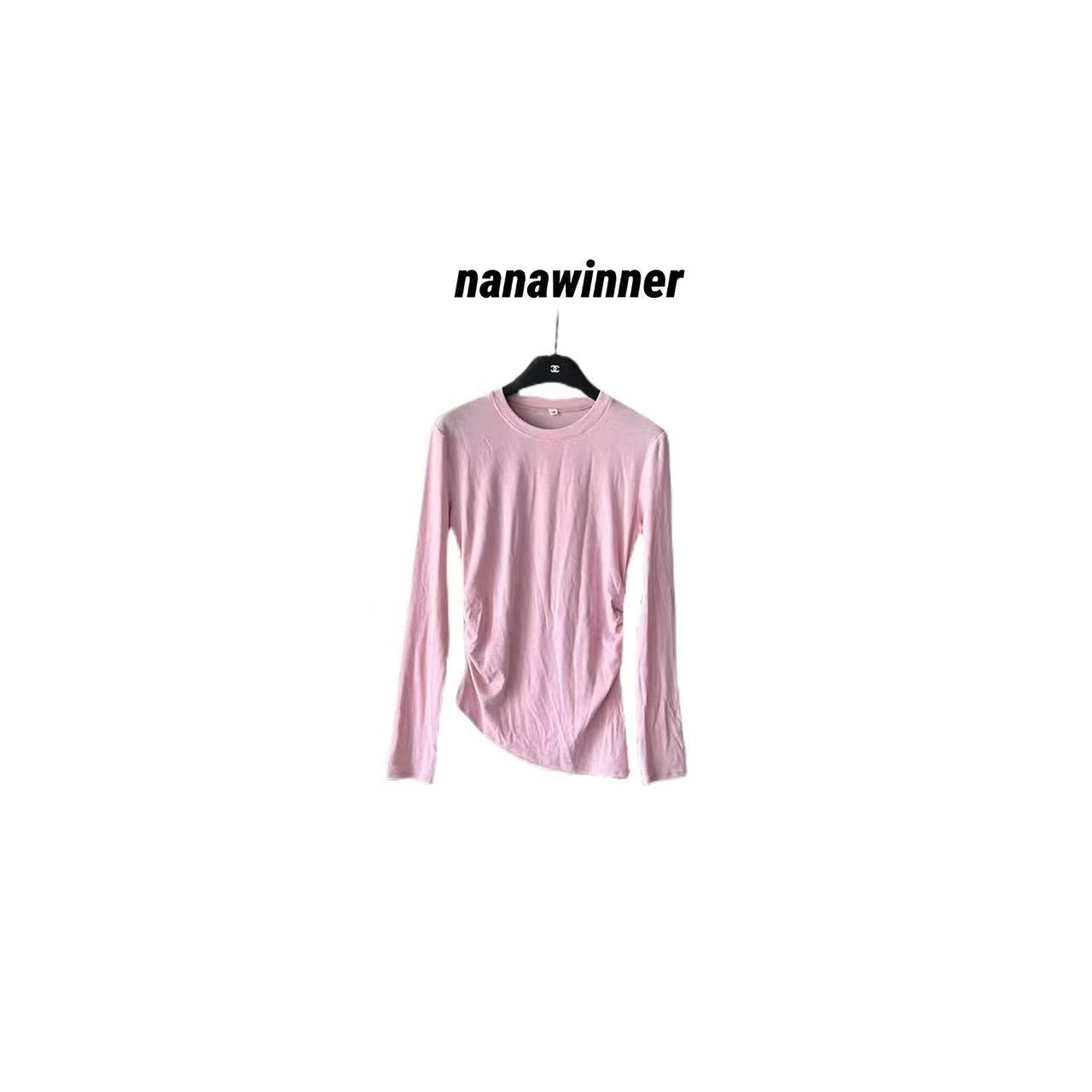 nanawinner-【羊毛打底】圆领修身T恤设计感斜摆圆领长袖打底上衣新