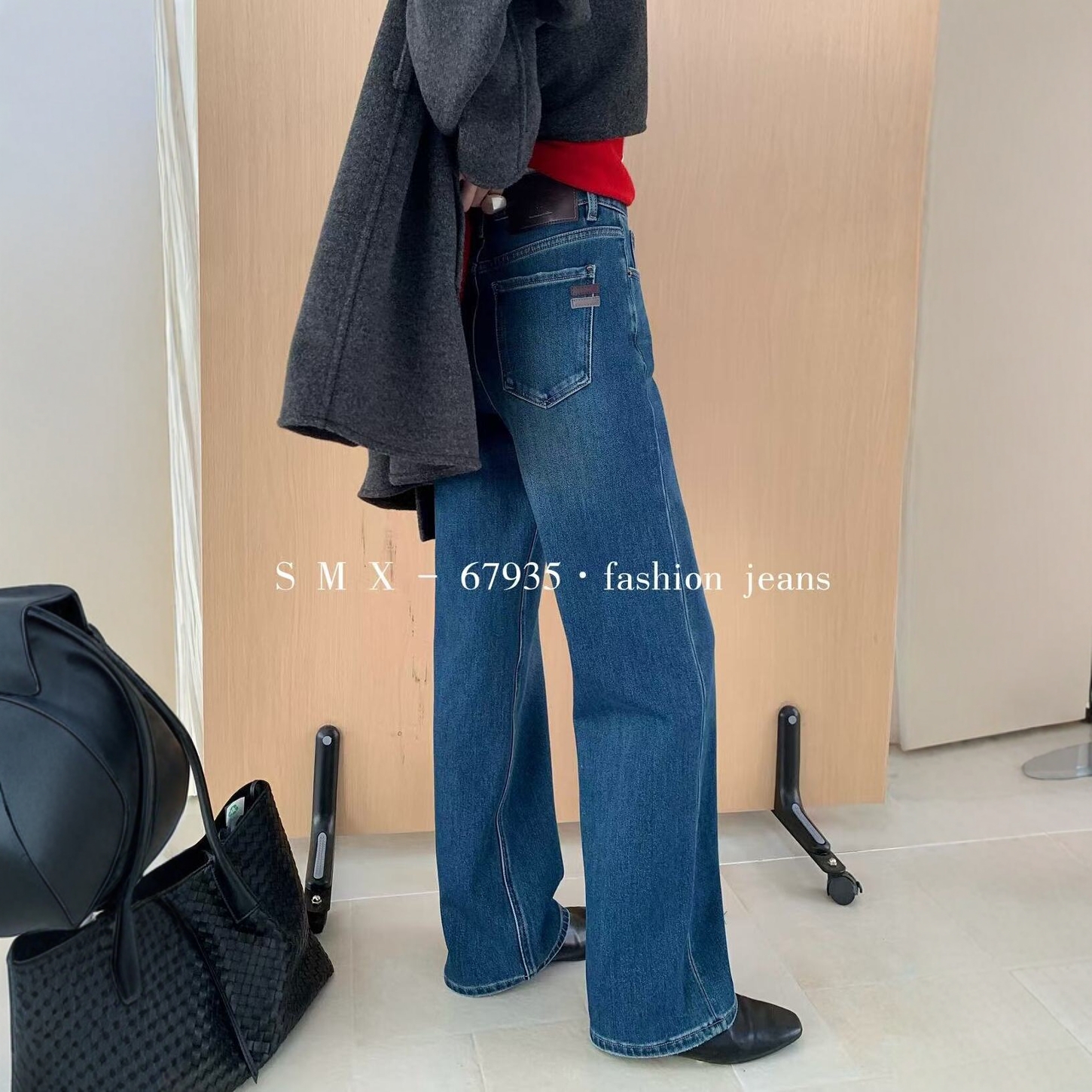 现货 SMX牛仔裤女冬季厚绒小个子直筒裤弹力显瘦窄版阔腿裤67935