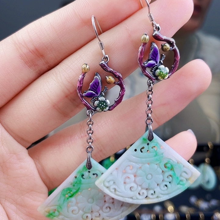 翡翠耳饰银S925镶嵌饰品