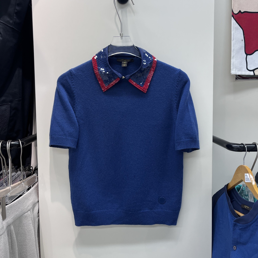 99新 LouisVuitton/路易威登 亮片翻领针织短袖xs码 胸围52衣长55