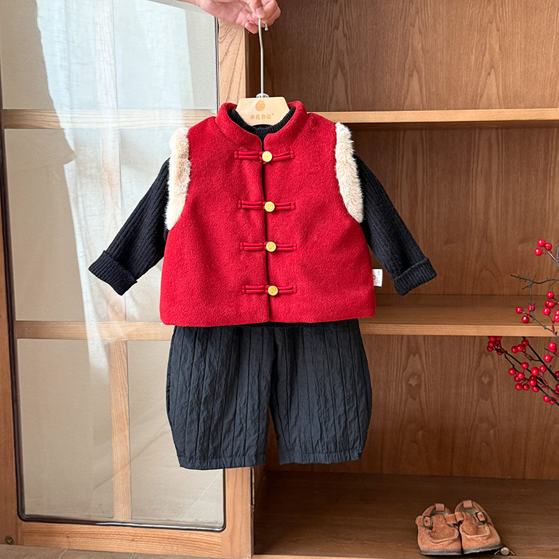 婴儿衣服拜年服冬季男宝宝套装加厚一岁男婴幼儿中国风冬款三件套