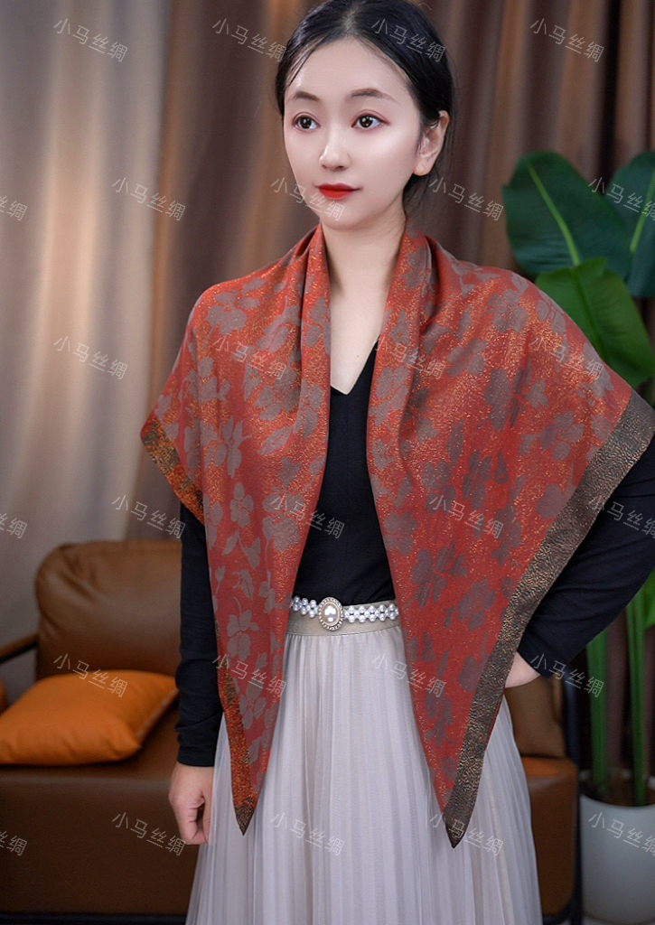 【100X100 金丝枫叶】丝毛方巾金丝线提花100X100CM左右围巾丝巾