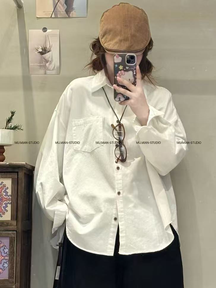 【净版口袋衬衣】2026早春新款宽松百搭叠穿中长款100%棉衬衫女外套