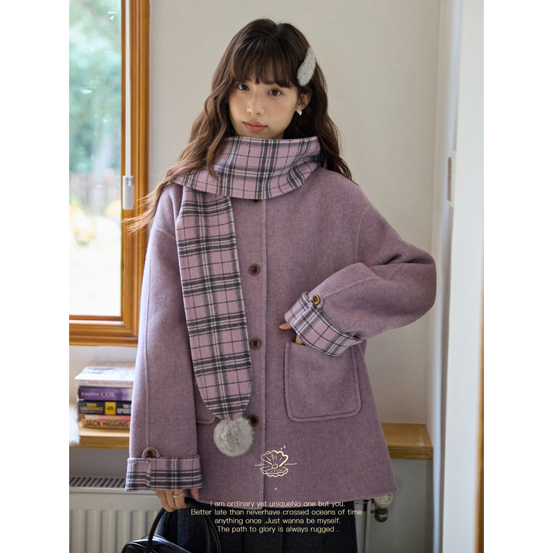 Nov elist什一 冬季复古温暖连帽围巾短款70羊毛双面呢大衣外套