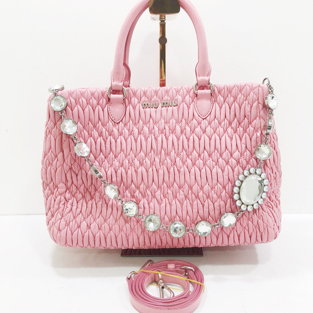 95新 MIU MIU/缪缪 95新 粉色褶皱手提斜挎托特单肩包