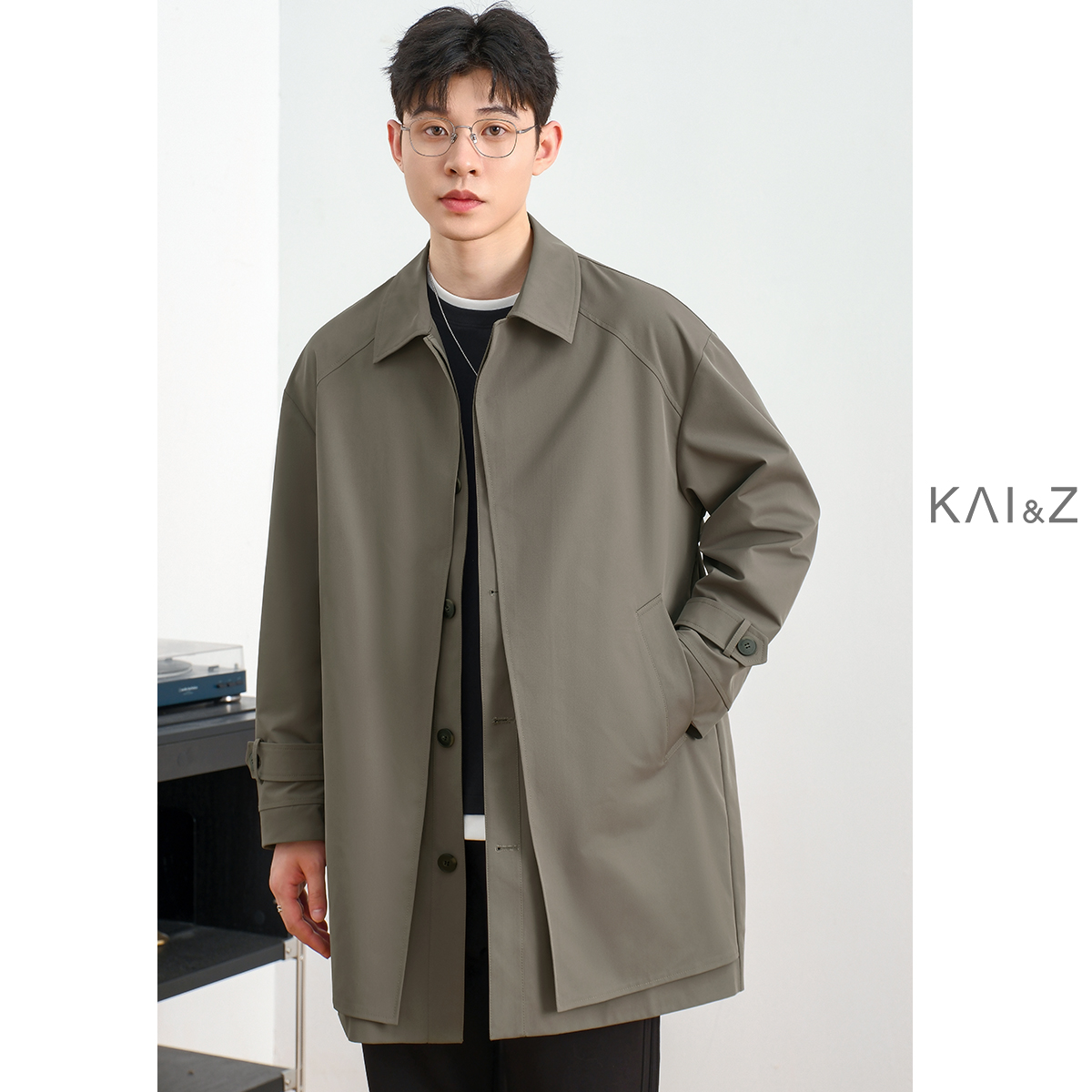 双层门襟巴尔马肯男士风衣中长款春秋季宽松潮流简约冬装大衣外套