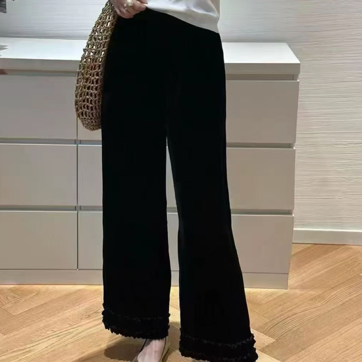 秋季新款木耳边丝绒九分阔腿女裤时尚休闲百搭垂感显瘦
