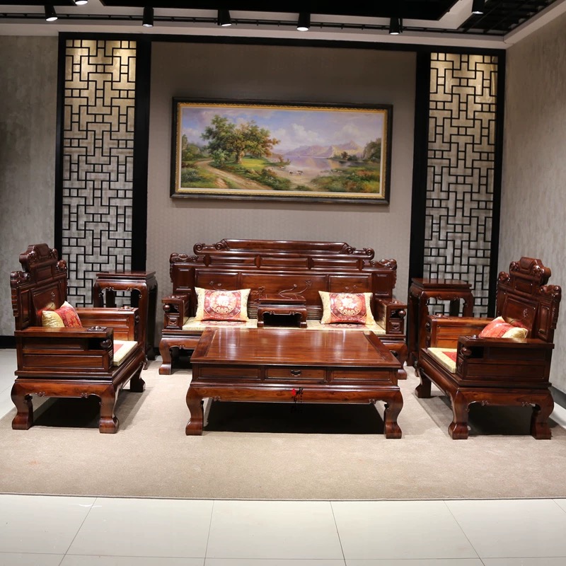 南美酸枝荷花财源三代新古典123六件套雕花成套客厅别墅储物双人