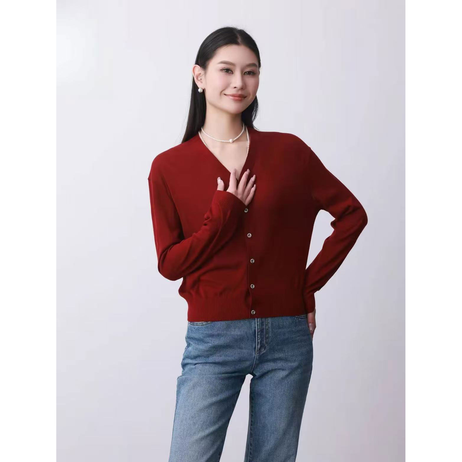 【商场同款】单排扣针织开衫时尚气质优雅百搭V领红色上衣女548028