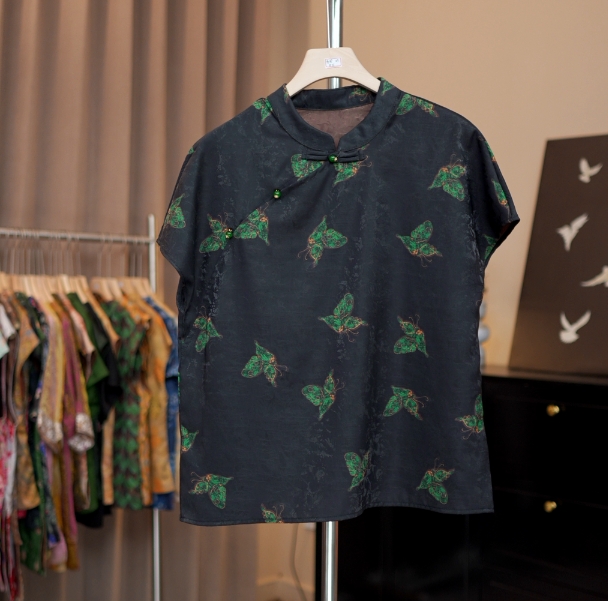 【南风意】绿蝶新中式薄款夏季新款国风复古蝴蝶百搭斜襟短袖小衫