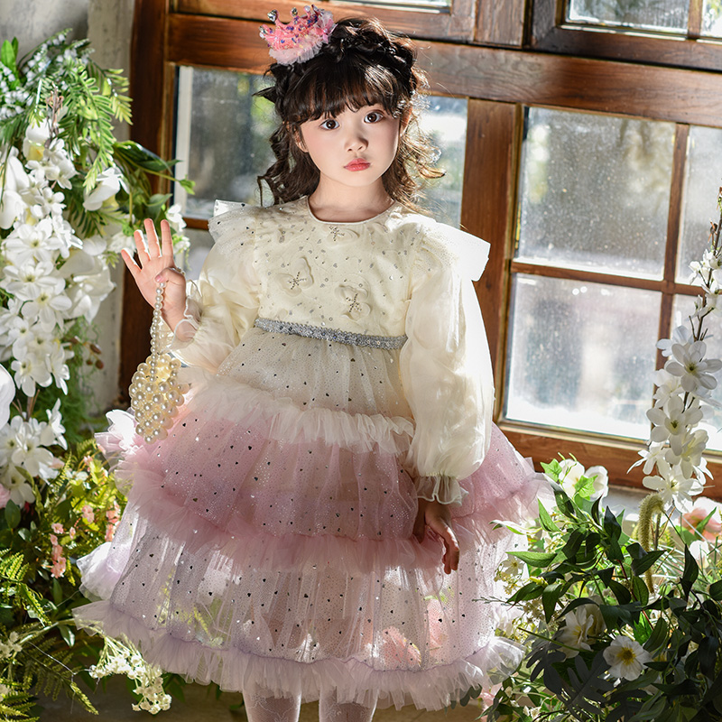 A2701女童公主裙2025春秋新款儿童洋气生日渐变色蛋糕裙连衣裙女