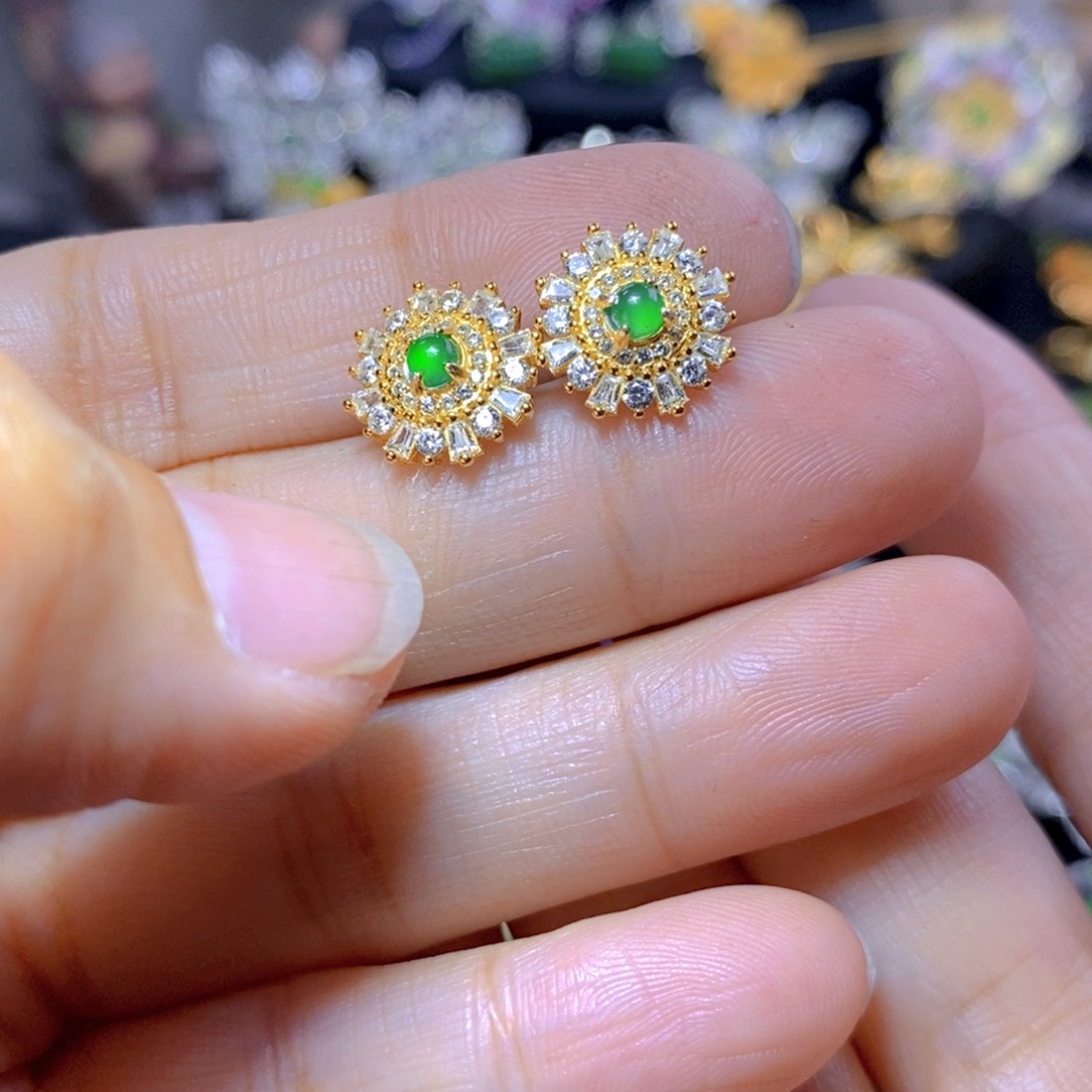 翡翠耳钉银S925镶嵌天然翡翠