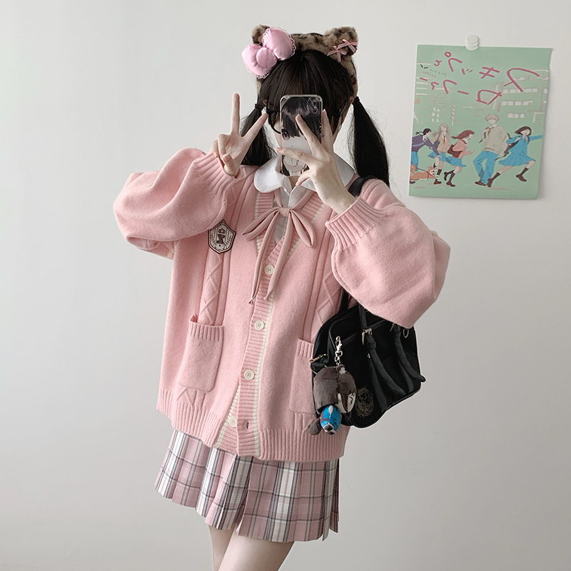【冷山樱】+小萌粉色刺绣圆领衬衫 TR面料可爱粉格 JK制服格裙