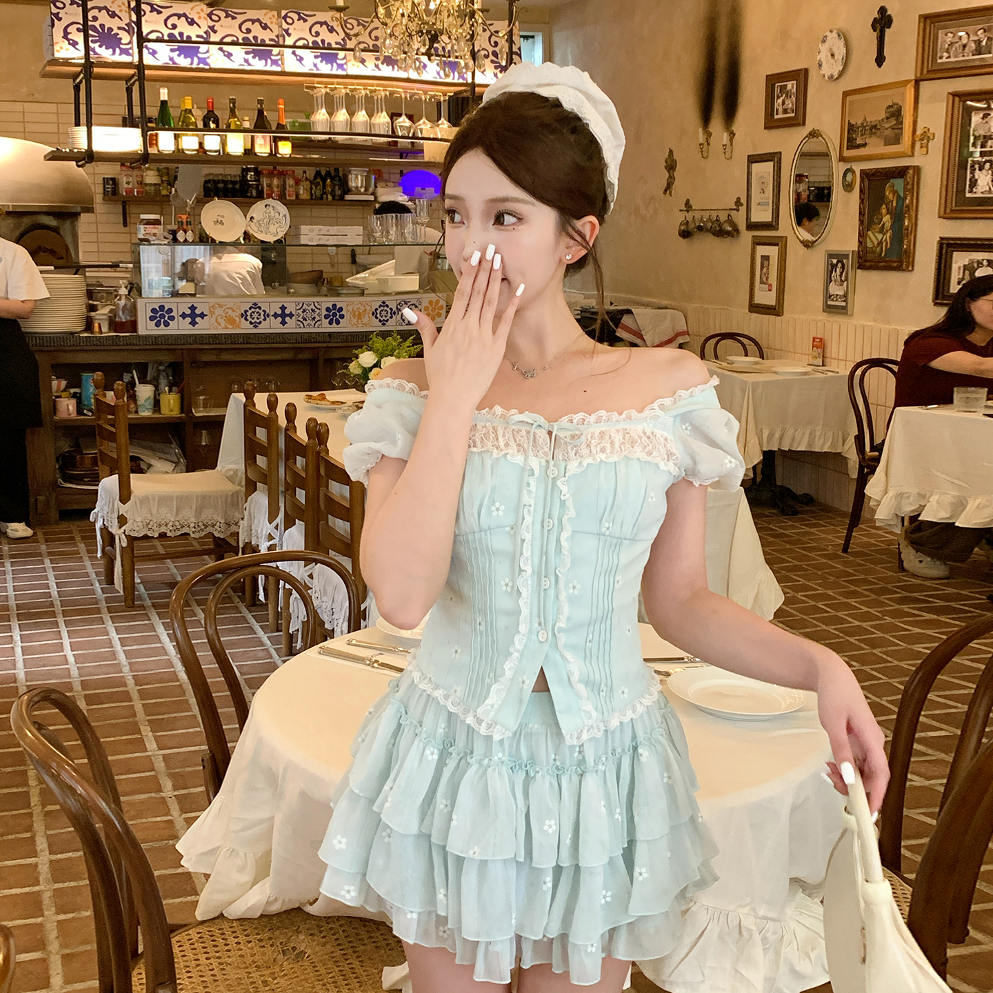 冰冰来了【薄荷冰茶】少女感泡泡袖上衣短款高腰花苞裙裤套装27220
