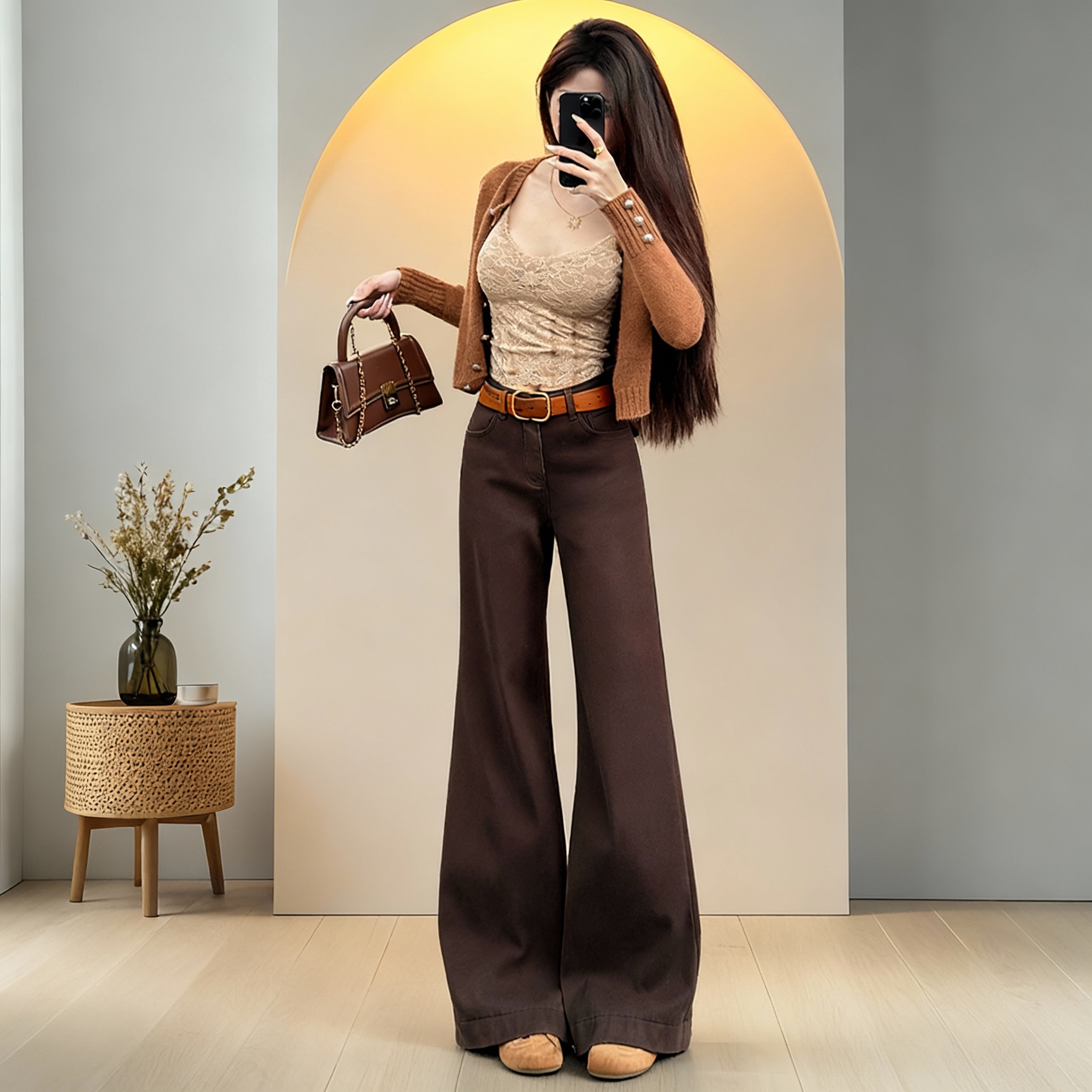 美式咖色加绒微喇牛仔裤女2025秋冬新款棕色高腰显瘦小个子喇叭裤