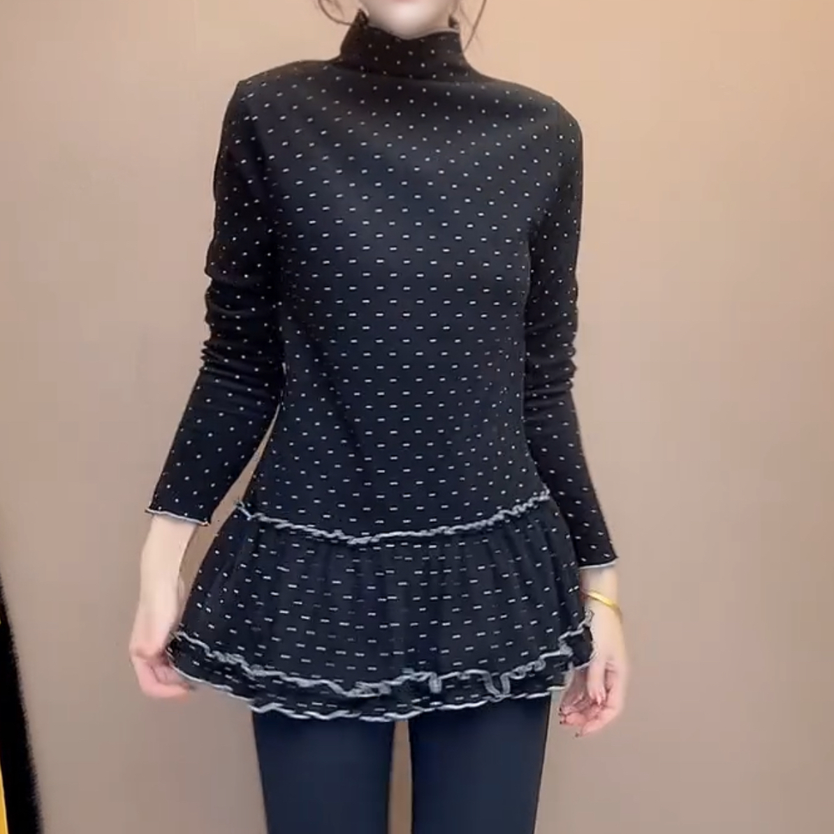 半高领长袖波点女宽松型T恤打底裙