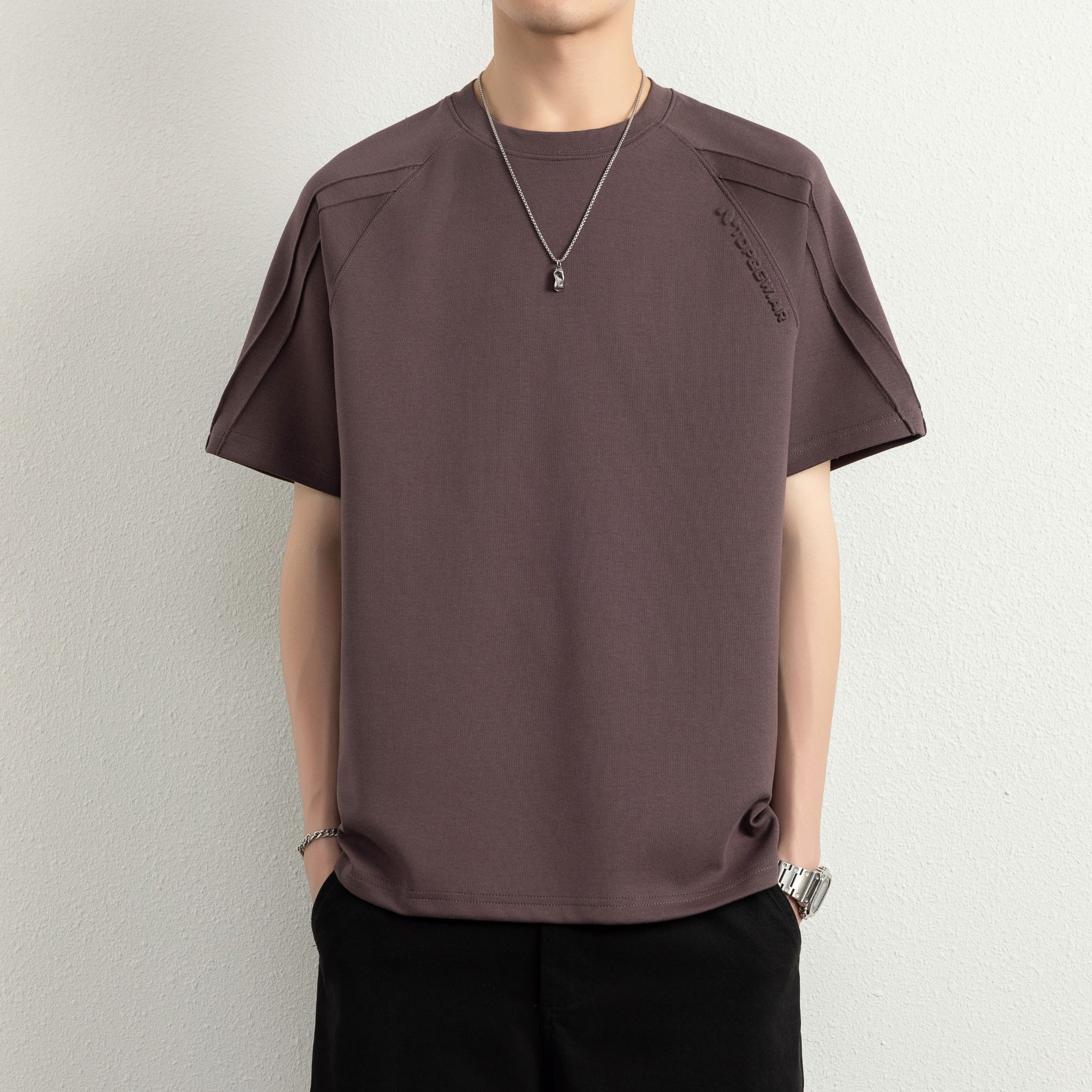 2025夏季新款纯色短袖插肩袖宽松圆领重磅钢印运动休闲百搭棉T恤